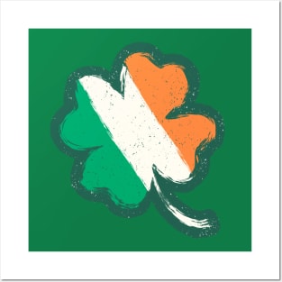 Vintage lucky four leaf clover with Irish flag. Posters and Art